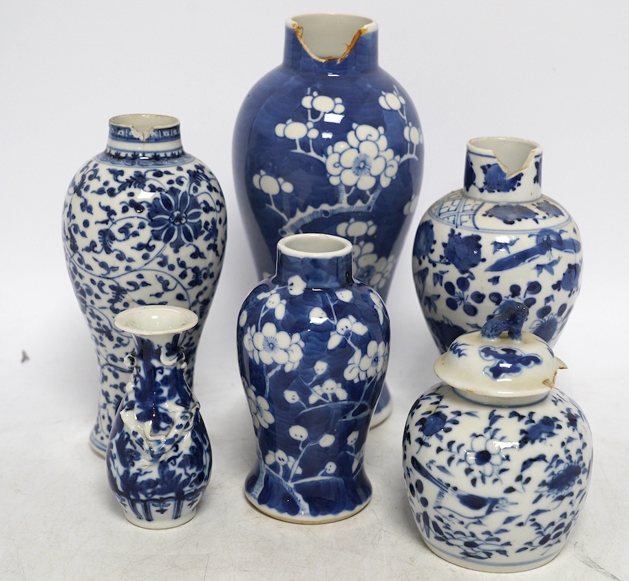 A large quantity of Chinese blue and white porcelain, 19th century and later, tallest 35cm. Condition - poor